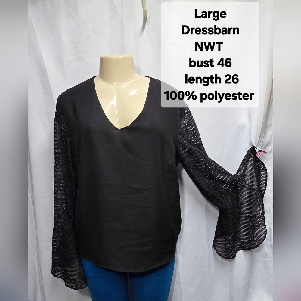 Dressbarn Black Blouse with Textured Sheer Sleeves